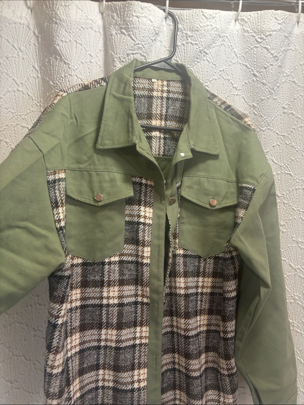 Olive Green Plaid Mixed-Media Women's Jacket
